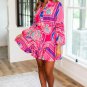 Rose Boho Abstract Printed Puff Sleeve Drawstring Waist Ruffled Mini Dress