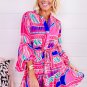 Rose Boho Abstract Printed Puff Sleeve Drawstring Waist Ruffled Mini Dress