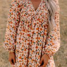 Beige Floral Deep V Neck Smocked Bust Bubble Sleeve Babydoll Dress