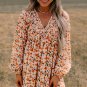 Beige Floral Deep V Neck Smocked Bust Bubble Sleeve Babydoll Dress