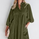 Green Corduroy Snap Buttons Empire Waist Bracelet Sleeve Dress