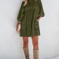Green Corduroy Snap Buttons Empire Waist Bracelet Sleeve Dress