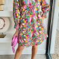 Pink Abstract Printed Lantern Sleeve Buttoned Mini Dress