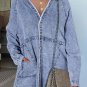 Blue Mineral Wash Long Sleeve Button Up Raw Hem Pocketed Denim Dress