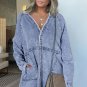 Blue Mineral Wash Long Sleeve Button Up Raw Hem Pocketed Denim Dress