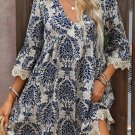 Sky Blue Vintage Printed Lace Trim V Neck 3/4 Sleeve Loose Dress