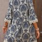 Sky Blue Vintage Printed Lace Trim V Neck 3/4 Sleeve Loose Dress