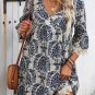 Sky Blue Vintage Printed Lace Trim V Neck 3/4 Sleeve Loose Dress