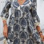 Sky Blue Vintage Printed Lace Trim V Neck 3/4 Sleeve Loose Dress