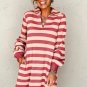 Pink Stripe Collared V Neck Long Sleeve Loose Casual Dress