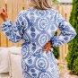 Blue Boho Floral Embroidered Notch V Neck Shift Mini Dress