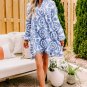 Blue Boho Floral Embroidered Notch V Neck Shift Mini Dress
