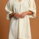 White Floral Textured Bubble Sleeve Frilled Notched Neck Dress