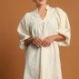 White Floral Textured Bubble Sleeve Frilled Notched Neck Dress