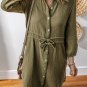 Green Textured Bracelet Sleeve Collared Button Up Dual Tied Mini Dress
