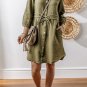 Green Textured Bracelet Sleeve Collared Button Up Dual Tied Mini Dress