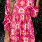 Strawberry Pink Geometric Print Smocked Long Sleeve Mini Dress