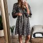 Black Leopard Print Elasticated V Neck 3/4 Puff Sleeve Dress