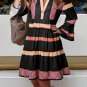 Black Ethnic Print Buttoned V Neck Bell Sleeve Ruffle Patchwork Dress