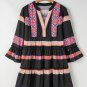 Black Ethnic Print Buttoned V Neck Bell Sleeve Ruffle Patchwork Dress