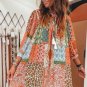 Orange Boho Paisley Mixed Print 3/4 Sleeve Chiffon Loose Dress