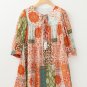 Orange Boho Paisley Mixed Print 3/4 Sleeve Chiffon Loose Dress