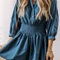 Prussian Blue 3/4 Sleeve Shirred High Waist Buttoned Mini Dress