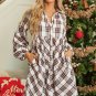 White Plaid Bubble Sleeve Flowy Shirt Dress