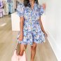 Purple Butterfly Print Short Puff Sleeve Pleated Ruffle Dress