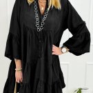 Black Chambray Ruffled 3/4 Sleeve Tiered Split V Neck Mini Dress