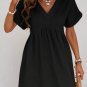 Black Folded Short Sleeve Lace V Neck Mini Dress