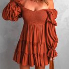 Brown Boho Solid Shirred Ruffle Mini Dress