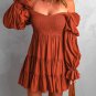 Brown Boho Solid Shirred Ruffle Mini Dress