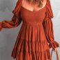Brown Boho Solid Shirred Ruffle Mini Dress