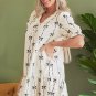Beige Cute Bowknot Printed Bubble Sleeve V Neck Mini Dress