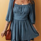 Real Teal Frilled Neckline 3/4 Sleeve Layered Ruched Mini Dress