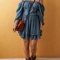 Real Teal Frilled Neckline 3/4 Sleeve Layered Ruched Mini Dress