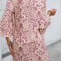 Pink Paisley Print Tiered 3/4 Sleeve Notched Neck Mini Dress