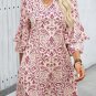 Pink Paisley Print Tiered 3/4 Sleeve Notched Neck Mini Dress