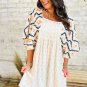 Beige Western Aztec Print Pleated Square Neck Loose Mini Dress