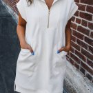 White Textured Half Zip Collared Cap Sleeve Mini Dress