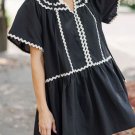 Black Contrast Ricrac Trim Short Sleeve V Neck Loose Mini Dress