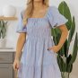 Blue Stripe Bubble Sleeve Square Neck Ruched Pocketed Babydoll Dress