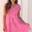 Bright Pink Waffle Textured Button Round Neck A-line Tiered Sleeveless Dress