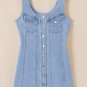 Blue Denim Buttoned Front Chest Pockets Sleeveless Slim Mini Dress