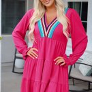 Rose Red Crochet V Neck Textured Tiered Ruffled Long Sleeve Mini Dress