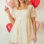 Apricot Sequined Lace Mesh Bubble Sleeve Square Neck Dress