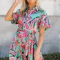 Green Abstract Print Lace Up High Waist Buttoned Mini Dress