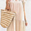 Jet Stream Linen Embroidery Pom Pom Ruffle Sleeves Flowy Short Dress