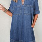 Blue Short Sleeve Collared Patched Pocket Denim Mini Dress